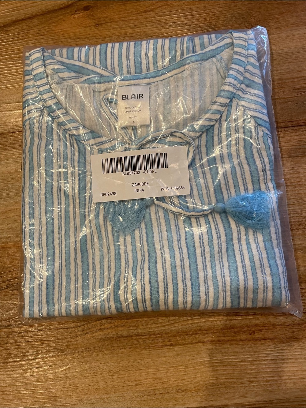 Blair Blue & White Striped Women’s Tunic with Tassel Tie, 100% Cotton